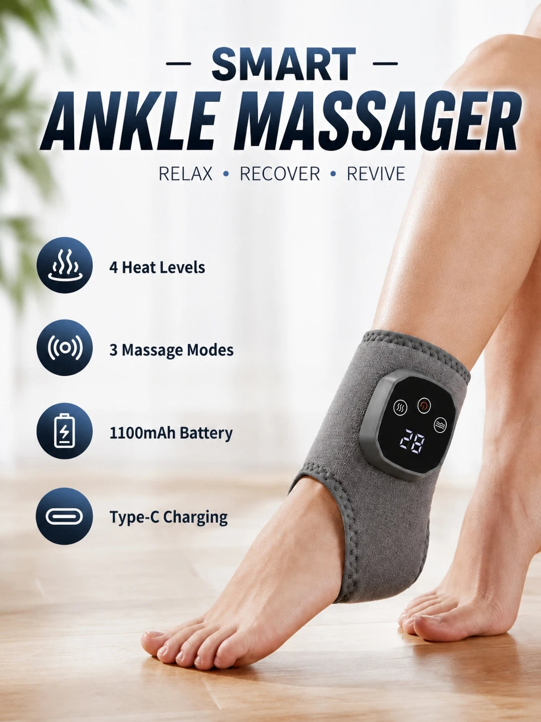 A smart ankle massager worn on a person's ankle, shown with promotional text and feature icons on a bright indoor background. The product is a gray wrap-style massager with a black digital display showing 28 minutes.