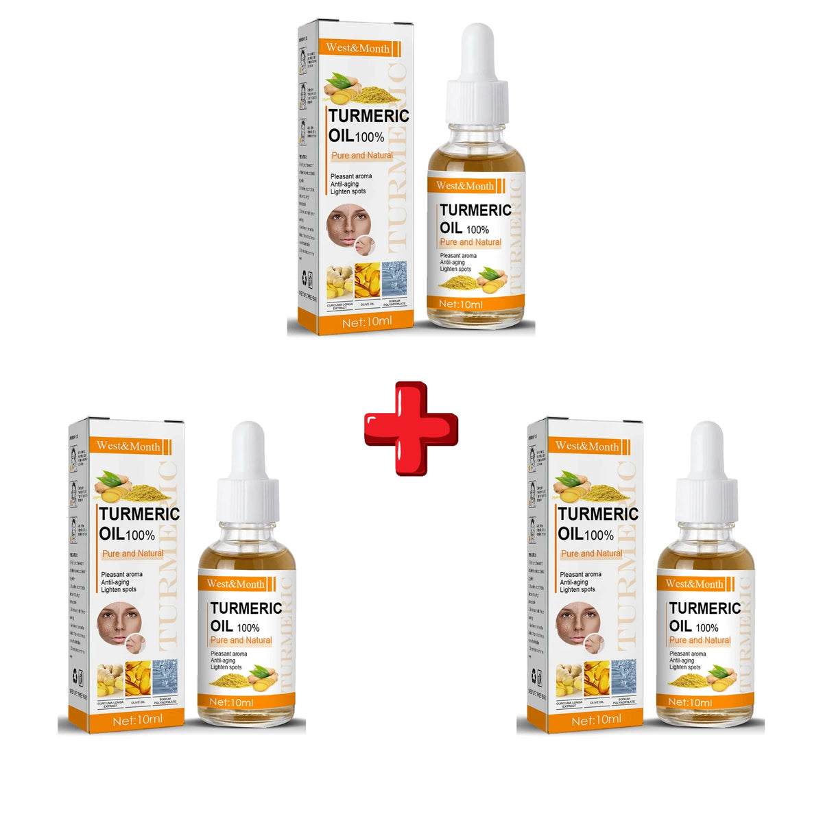 Turmeric oil products with packaging and a red plus sign on a white background