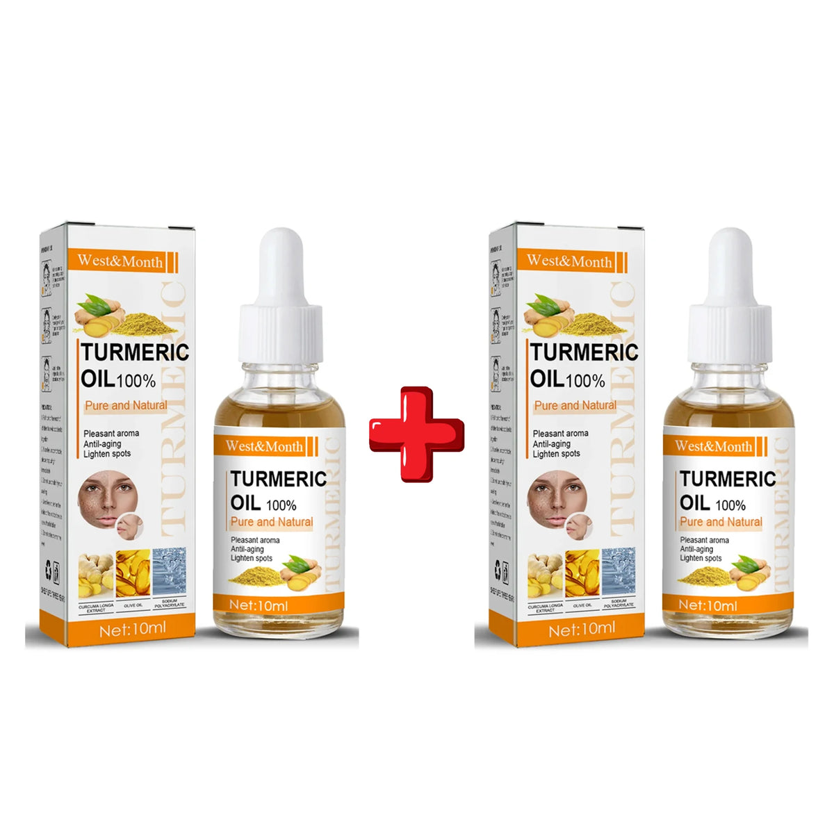 Two bottles and their boxes of West&Month Turmeric Oil on a white background