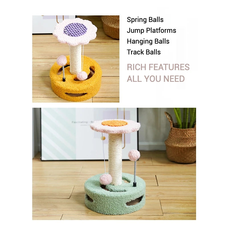 Cat play structures with spring balls, jump platforms, and hanging balls on a wooden floor.