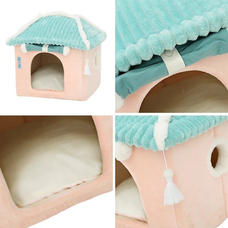 Pet bed with teal roof and pink base, featuring tassels and a soft interior.