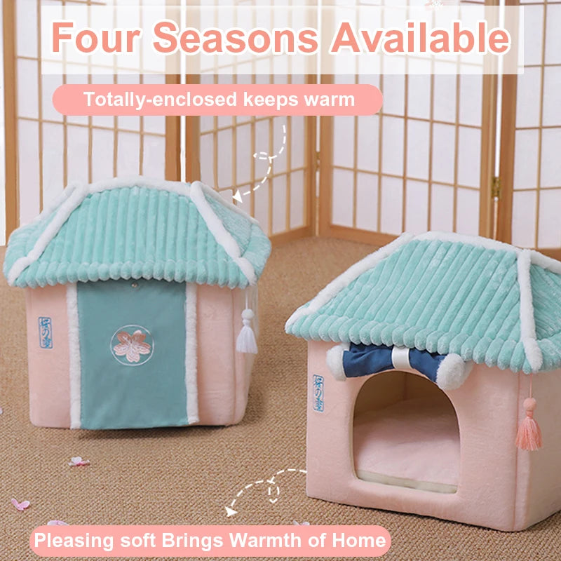 Two pet houses with a soft, warm design on a textured floor.