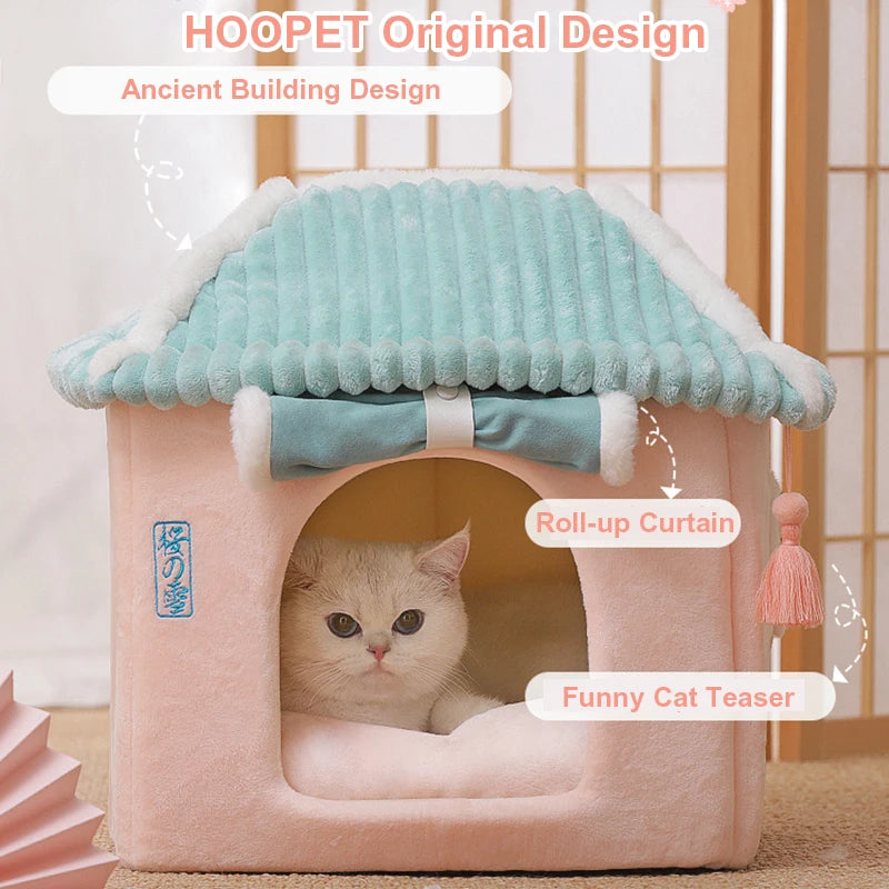 Cat house with a cat inside, featuring HOOPET branding and design elements.