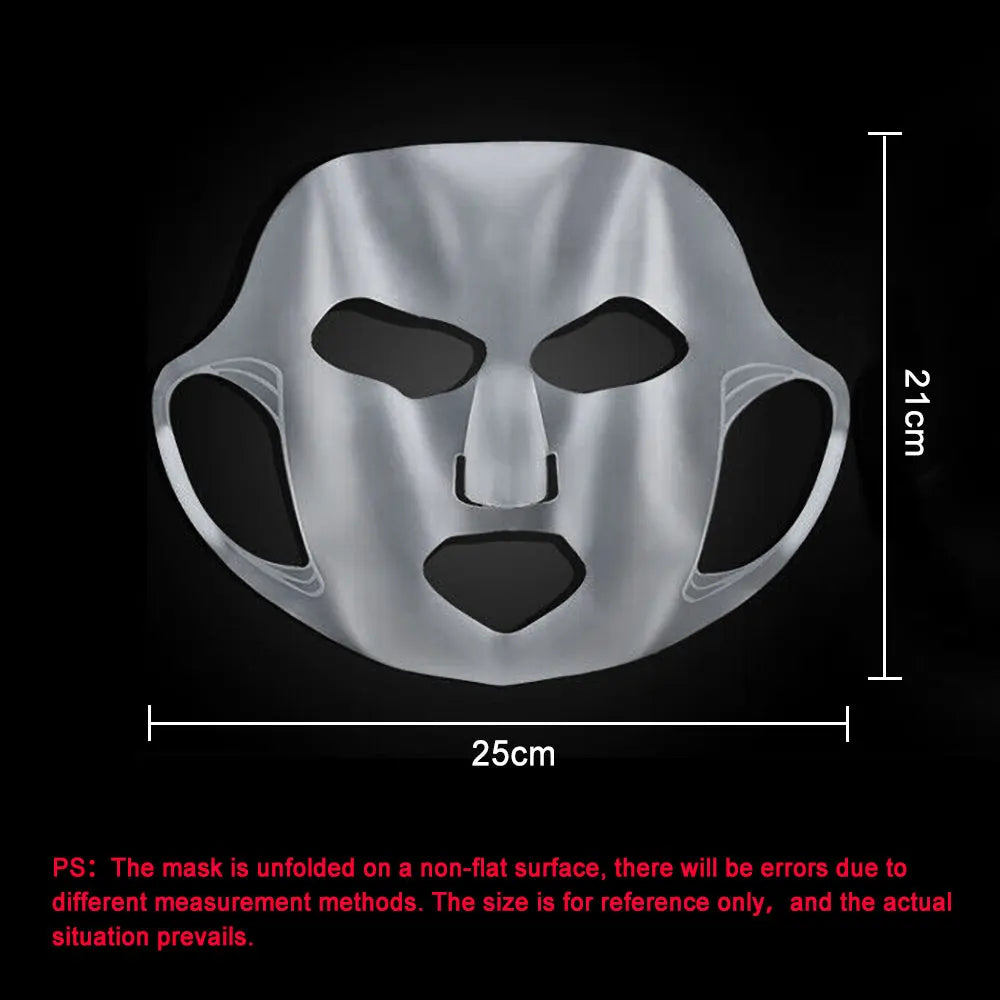 White mask with black accents on a black background, showing measurements.