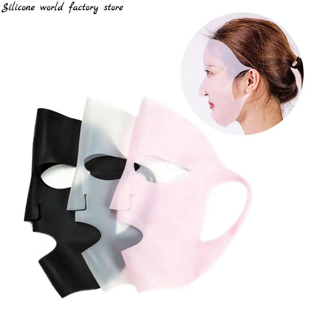 Silicone face masks in black, white, and pink with a woman wearing a white mask.