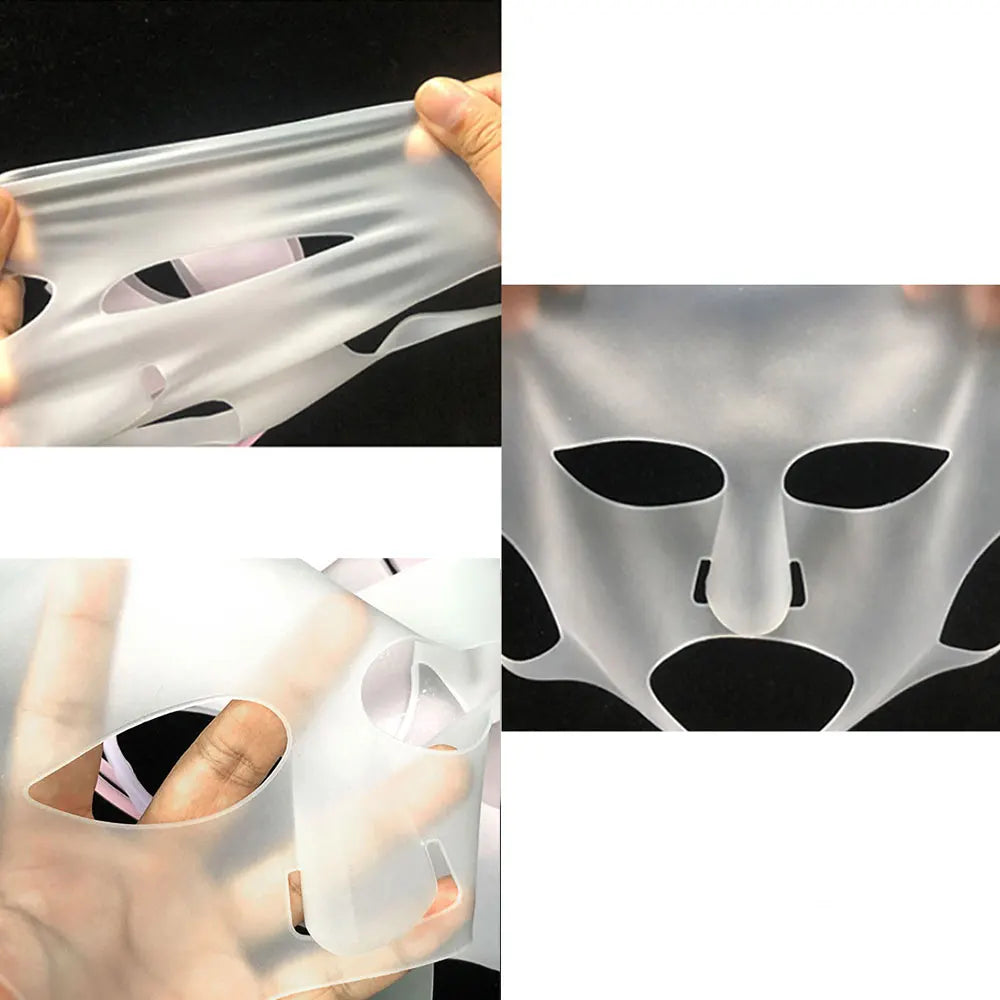 Collage of a person holding and displaying a white face mask with black cutouts.