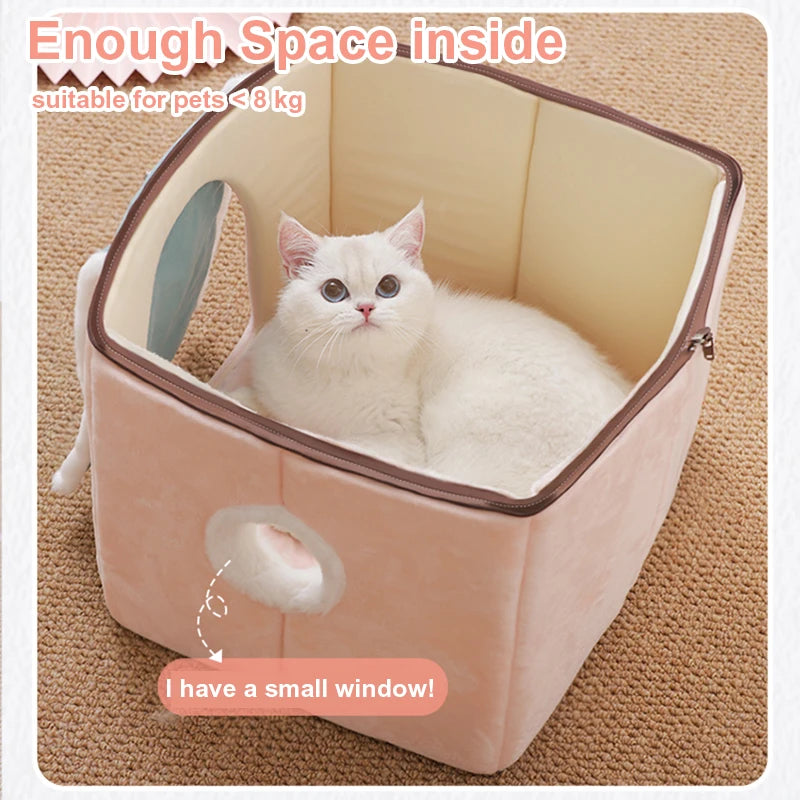 White cat inside a pet carrier with text indicating suitable weight for pets and a small window feature.