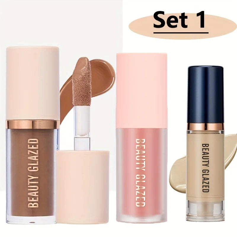 Set of Beauty Glazed makeup products including lip gloss and foundation on a white background.