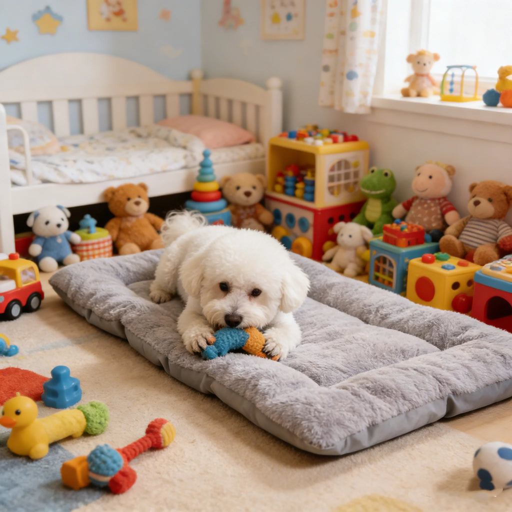 A small white dog lies on a gray plush pet mat in a cozy, toy-filled children's bedroom. The room contains a white crib, teddy bears, colorful building blocks, and various dog toys on a light beige carpet.