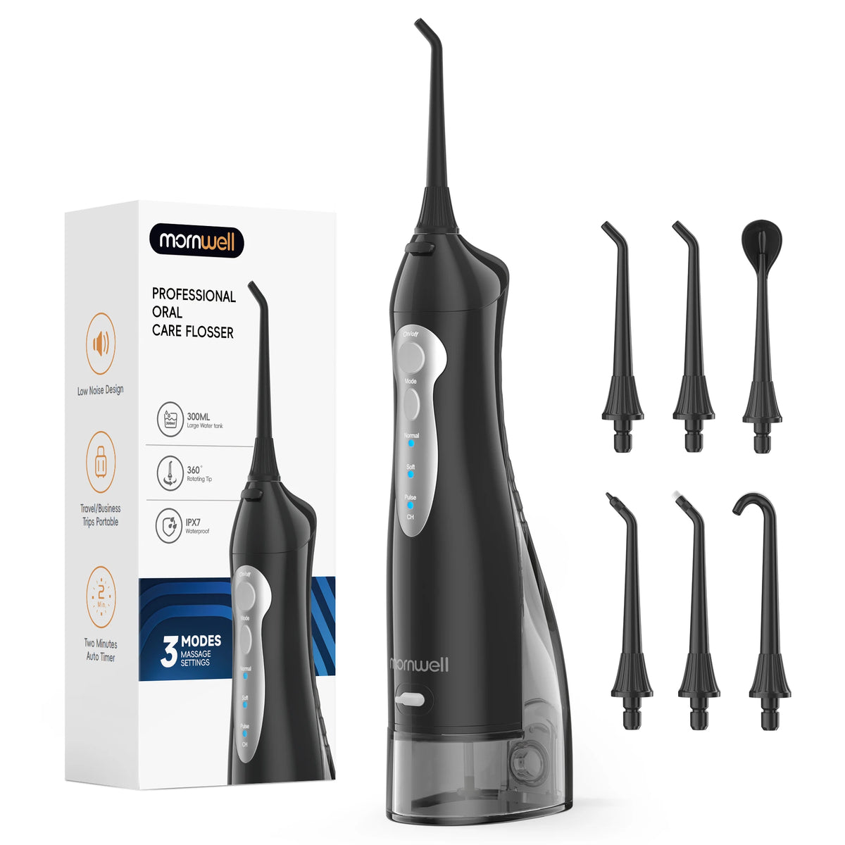Black dental flosser with packaging and additional nozzles on a white background