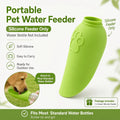 A bright green portable pet water feeder bottle shown on a white background with marketing text, icons, and a small circular inset of a dog drinking from it. The text states 'Portable Pet Water Feeder' and 'Silicone Feeder Only,' noting that the water bottle is not included.
