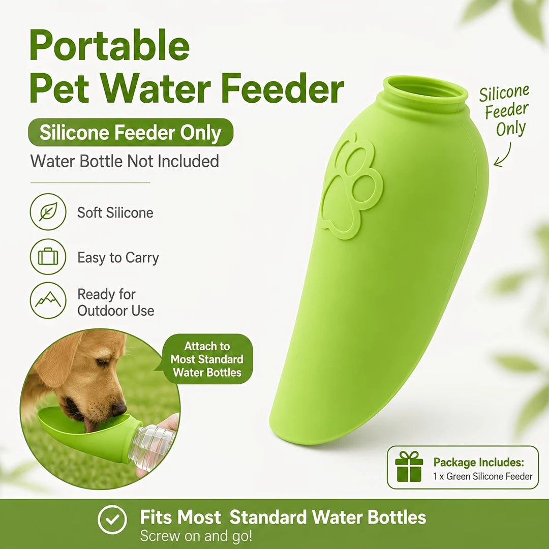 A bright green portable pet water feeder bottle shown on a white background with marketing text, icons, and a small circular inset of a dog drinking from it. The text states 'Portable Pet Water Feeder' and 'Silicone Feeder Only,' noting that the water bottle is not included.