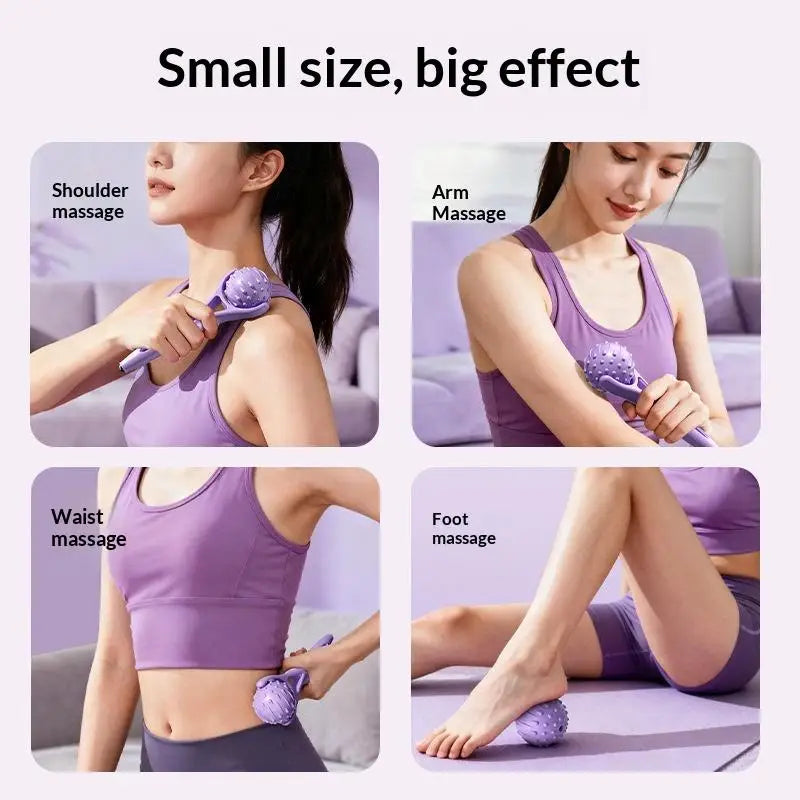 Person using a purple massage tool on different parts of their body with text 'Small size, big effect'.