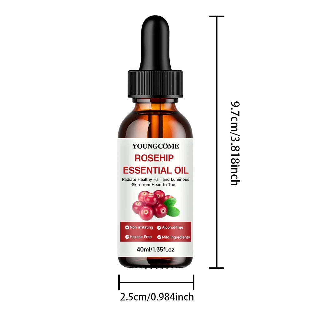 Youngcome Rosehip Essential Oil bottle with dimensions on a white background