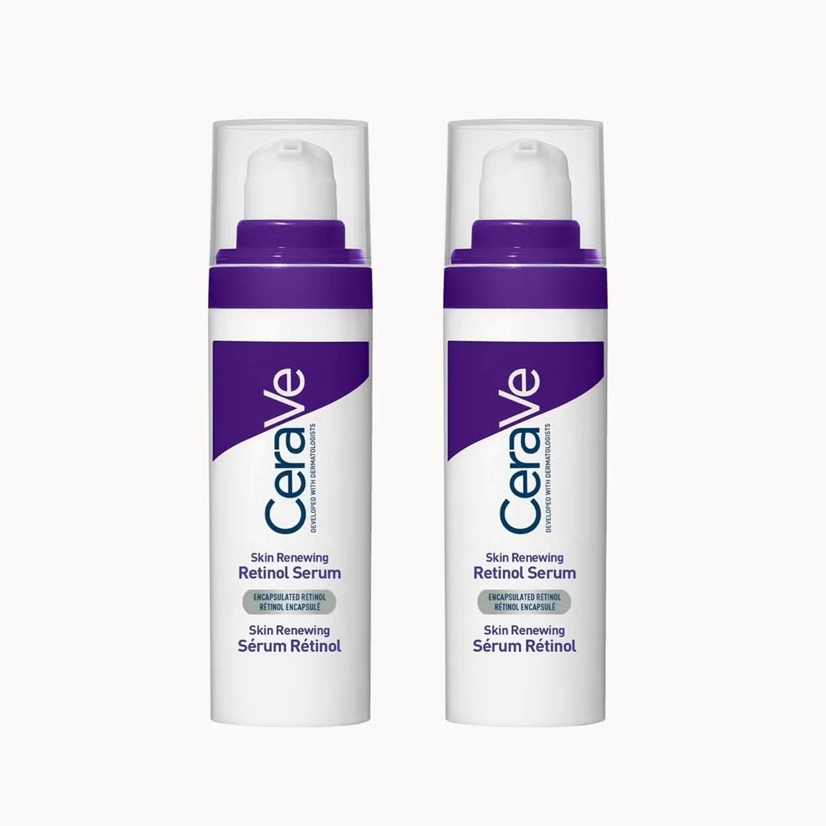 Two white bottles of CeraVe Skin Renewing Retinol Serum with purple caps, shown side by side on a light gray background.
