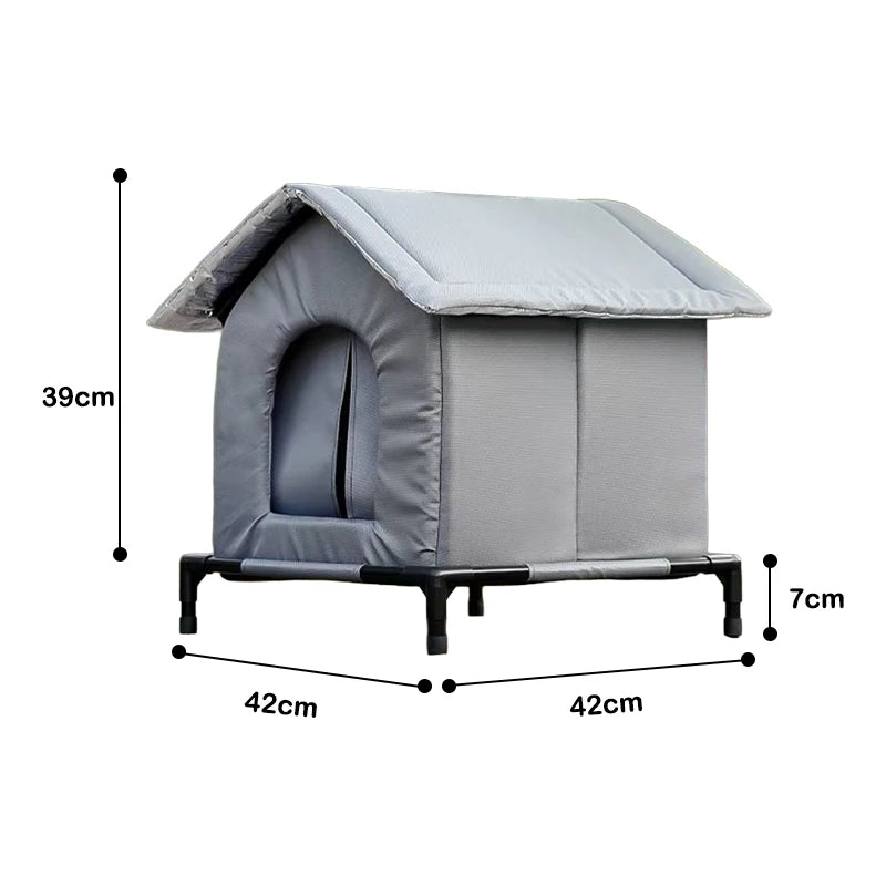 Gray pet house with dimensions indicated on a white background
