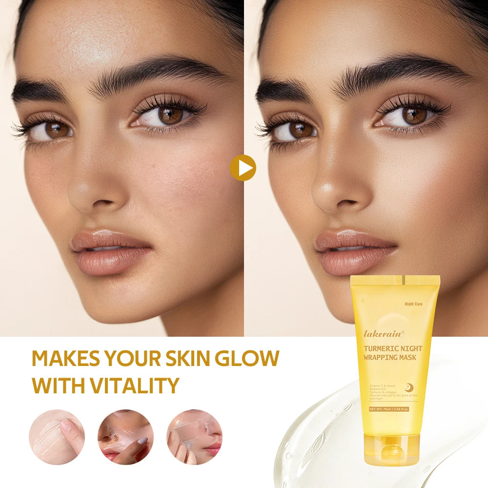 Before and after comparison of a woman's face with a skincare product shown.
