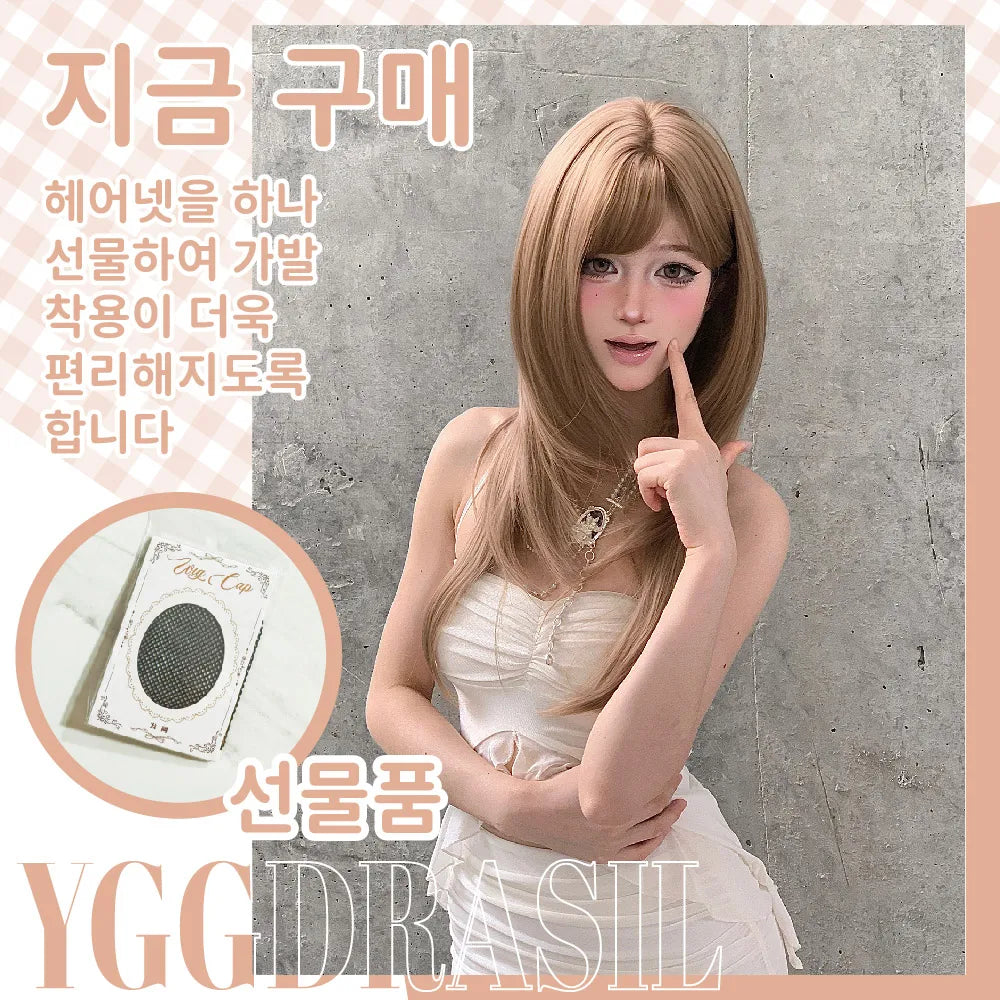 A woman modeling a long straight blonde wig with bangs, posed against a textured gray wall. Korean promotional text appears around the image, and a small inset shows a packaged hair accessory.