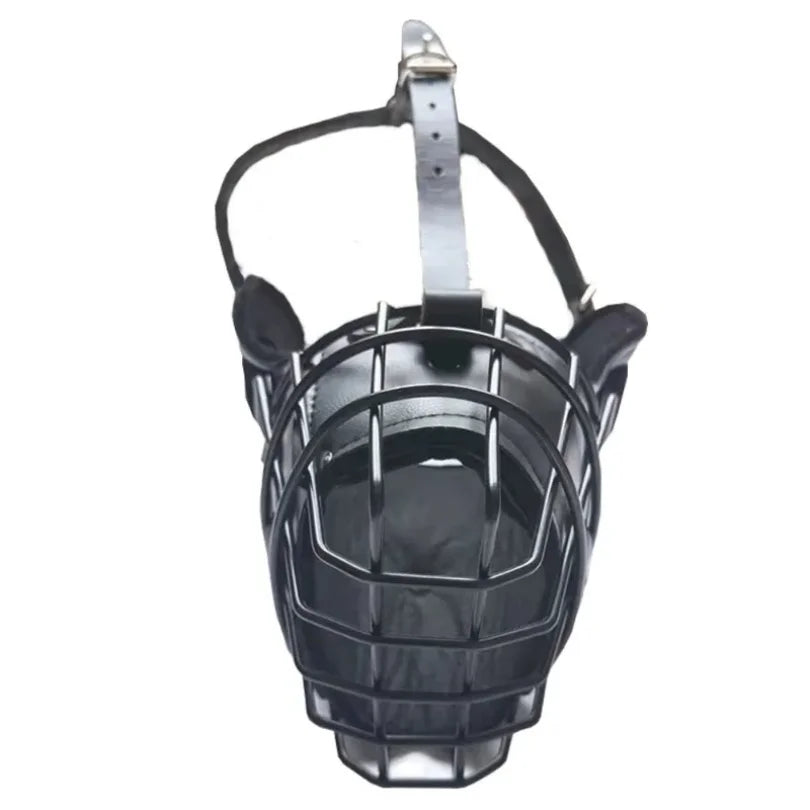 Black dog muzzle with metal cage on a white background