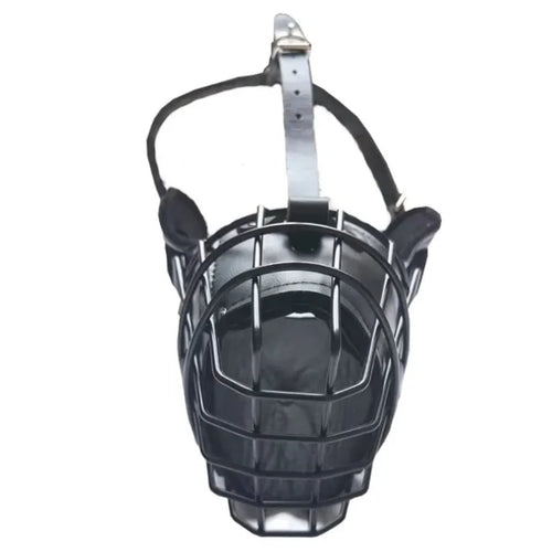 Black dog muzzle with metal cage on a white background