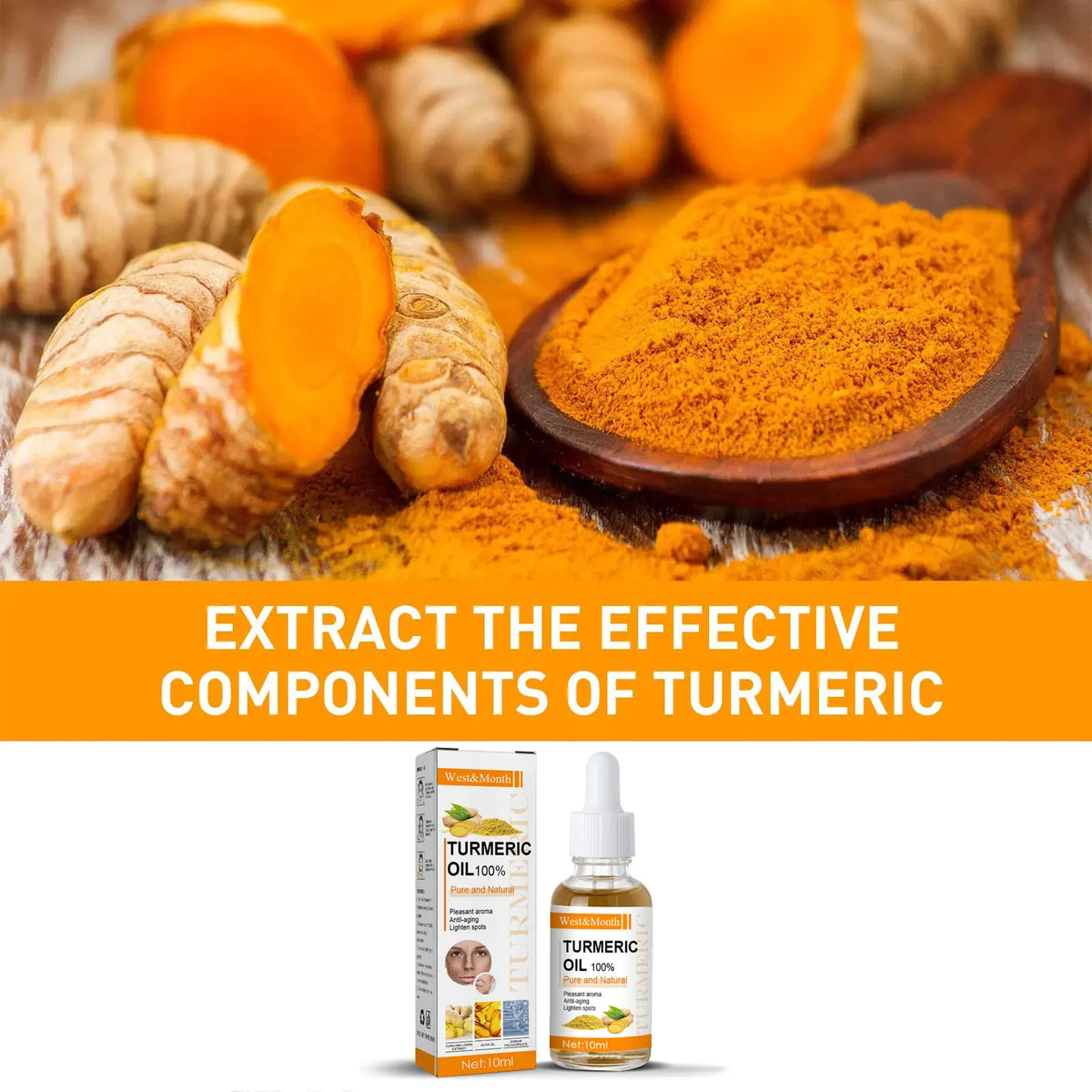 Turmeric root, ground turmeric, and turmeric oil products with text 'Extract the effective components of turmeric'.