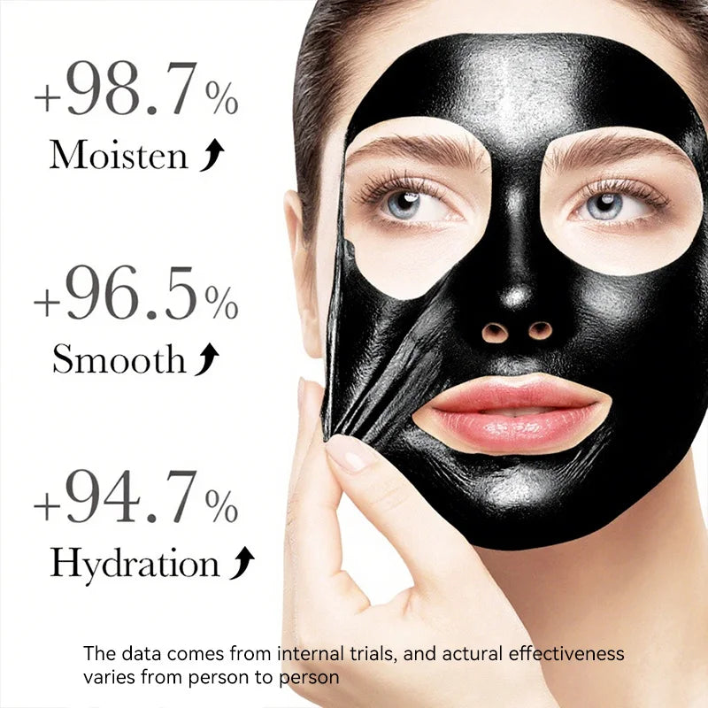 Woman wearing a black face mask with text on moisturization, smoothness, and hydration benefits.