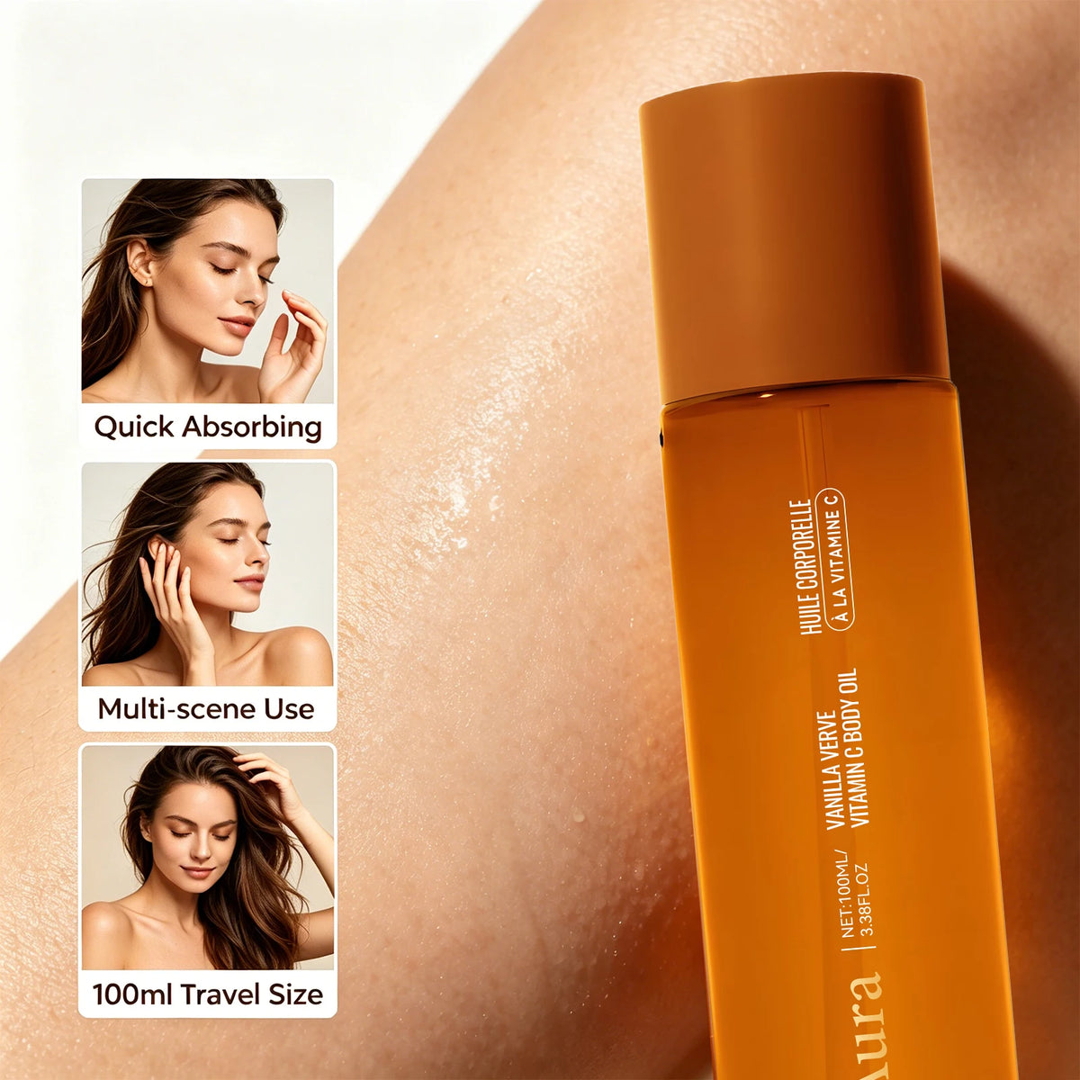An amber-colored bottle of body oil shown on a close-up skin surface, with three inset photos of a woman demonstrating quick absorbing, multi-scene use, and 100ml travel size. The bottle has white text including 'VITAMINA VERDE' and 'BODY OIL'.