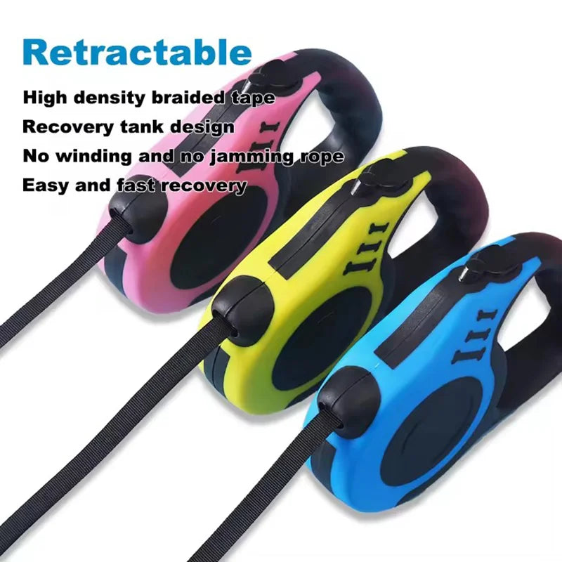 Retractable dog leashes in pink, green, and blue with text describing features.