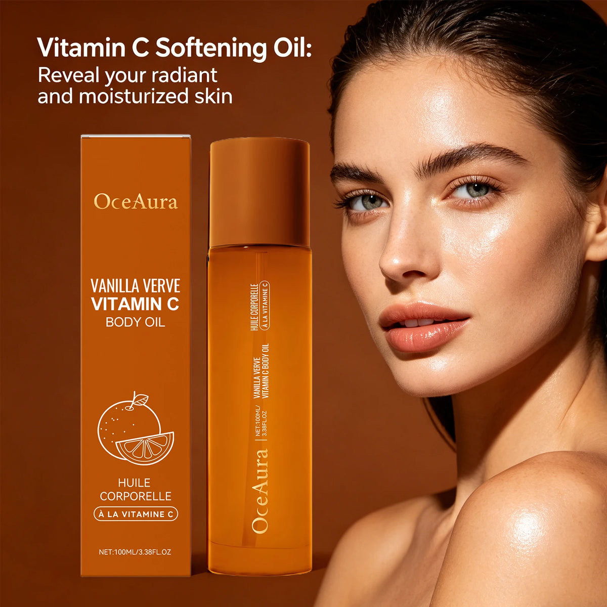OceAura Vanilla Verve Vitamin C body oil with a model showing moisturized skin on a brown background