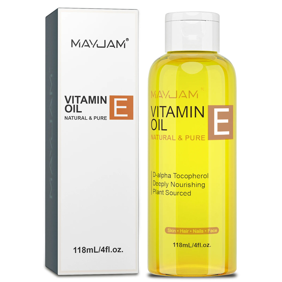 MayJam Vitamin E oil bottle and packaging on a white background