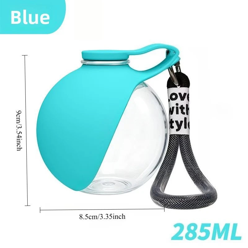 Blue pet water bottle with measurements and brand name on a white background