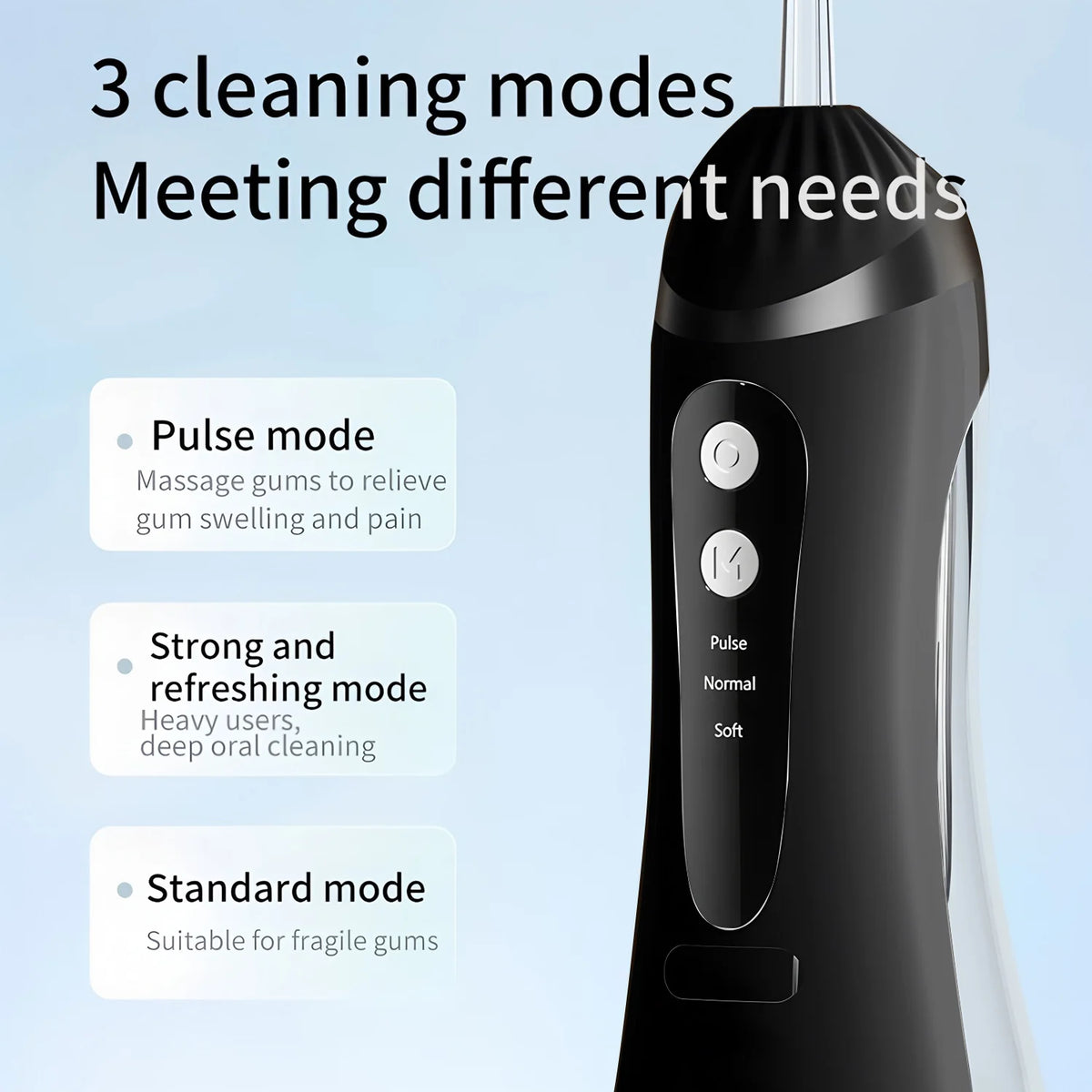 Black dental cleaning device with text on cleaning modes against a light blue background