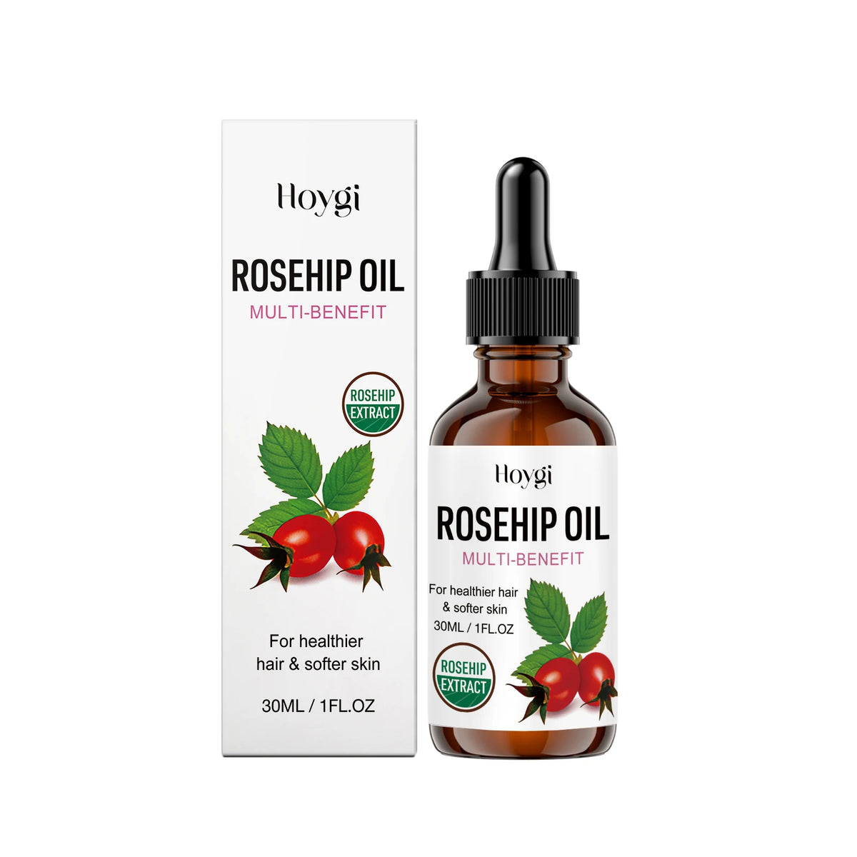 Hoygi Rosehip Oil bottle and packaging on a white background