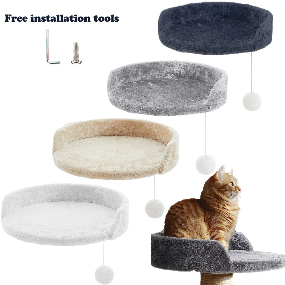 Cat tree with multiple platforms and a cat sitting on it, accompanied by text 'Free installation tools'.