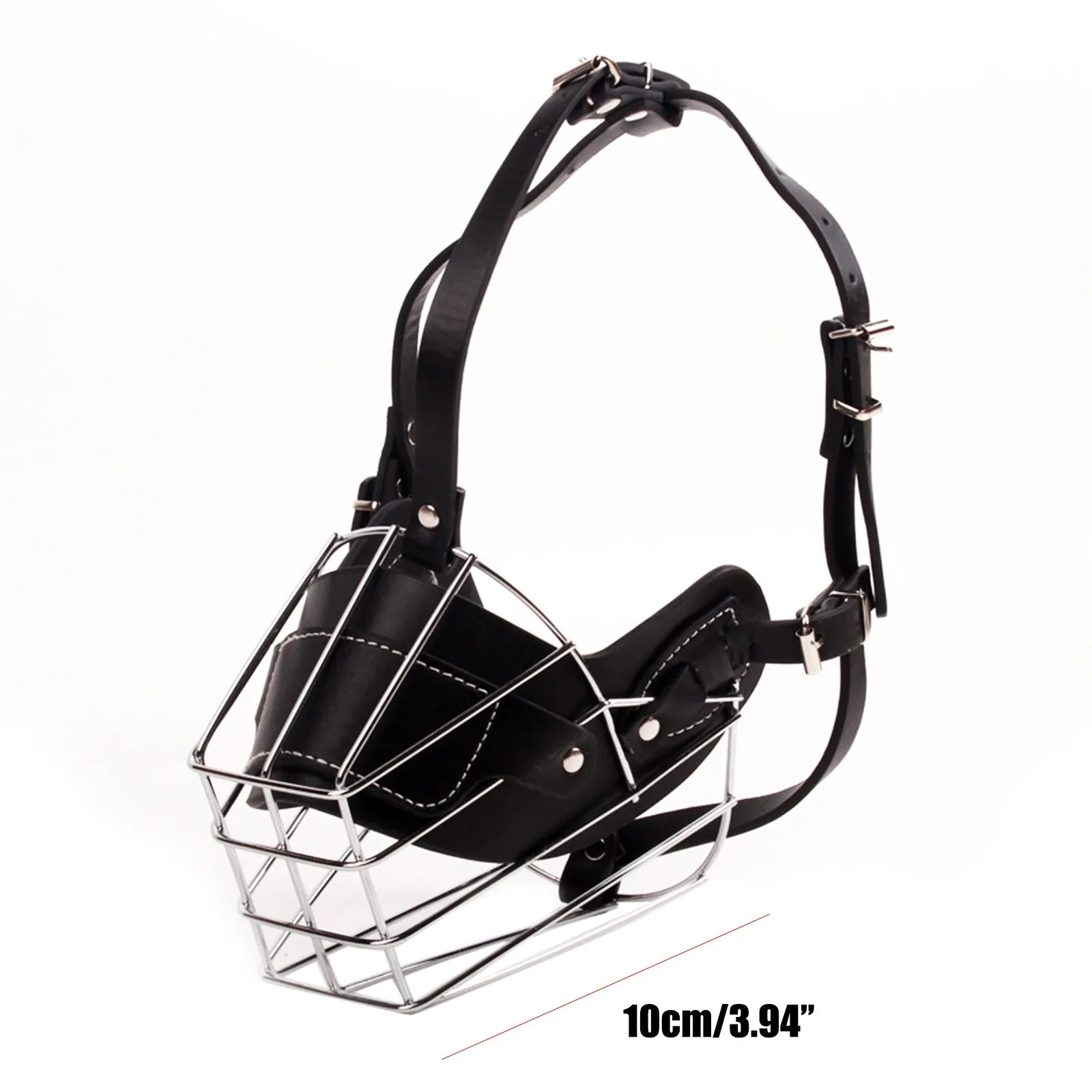 Black leather dog muzzle with metal wire cage on a white background