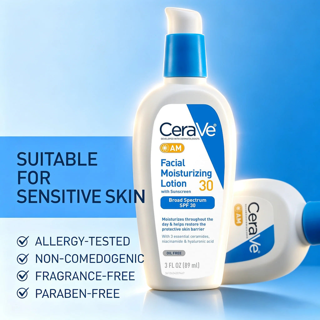 CeraVe AM Facial Moisturizing Lotion 30 in a white pump bottle with a blue cap, shown alongside a second bottle lying on its side. The background is a clean blue gradient with text highlighting suitability for sensitive skin and product benefits.