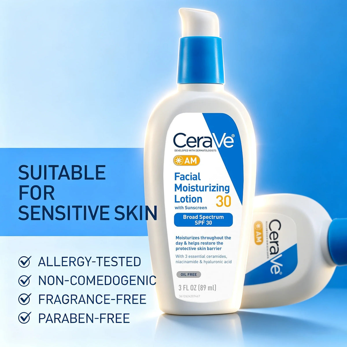 CeraVe AM Facial Moisturizing Lotion 30 in a white pump bottle with a blue cap, shown alongside a second bottle lying on its side. The background is a clean blue gradient with text highlighting suitability for sensitive skin and product benefits.