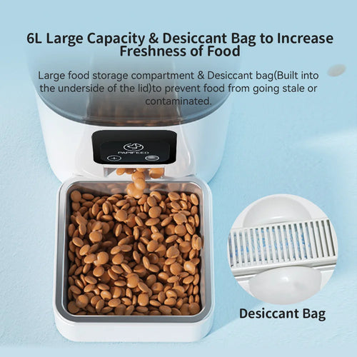 An automatic pet food dispenser filled with brown kibble, shown on a light blue background with descriptive text and a circular inset labeled 'Desiccant Bag'.