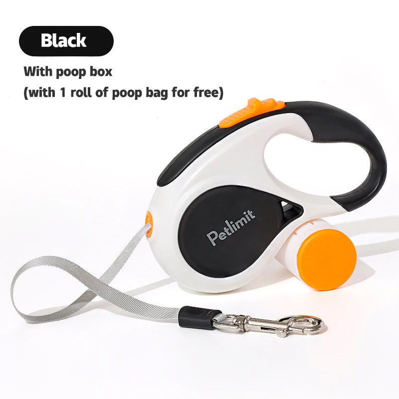 Retractable dog leash with poop box and free poop bag on a white background