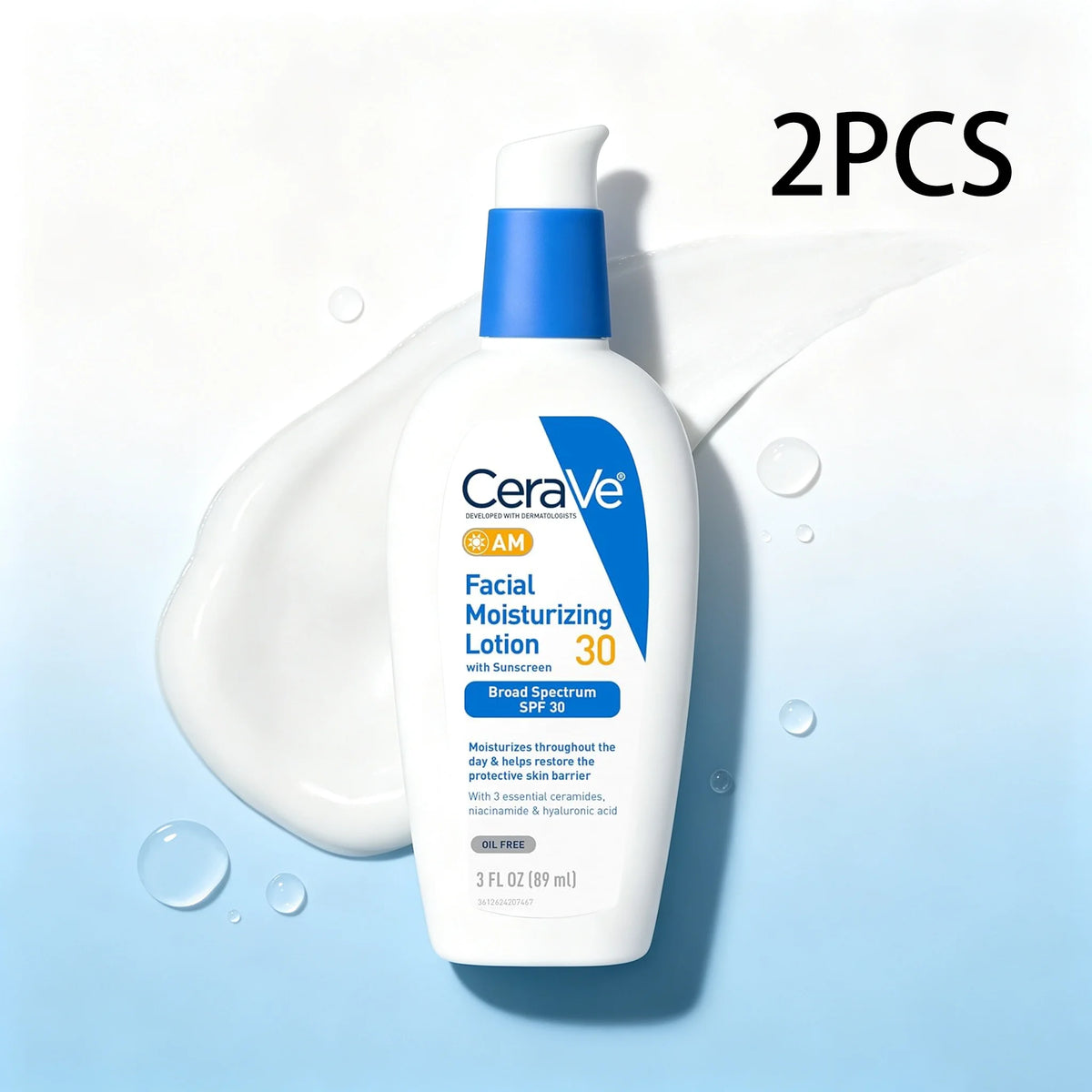 A bottle of CeraVe Sun M Facial Moisturizing Lotion 30 with SPF 30, featuring a white bottle with a blue pump, set against a light blue and white background with a white cream smear and water droplets. The text '2PCS' is displayed in the top right corner.
