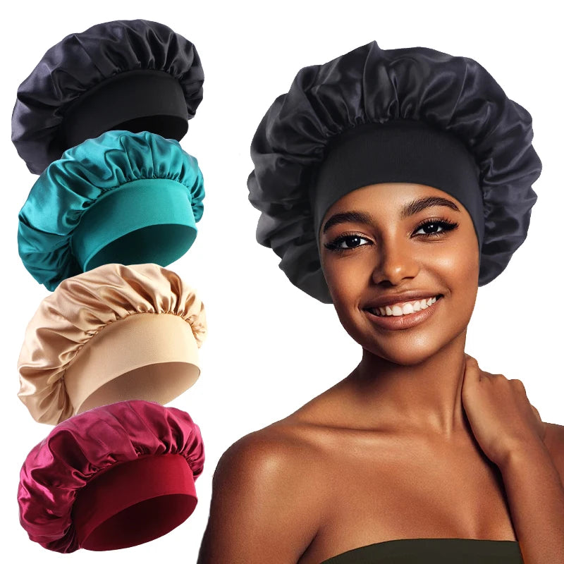 Woman wearing a satin bonnet with additional bonnets in various colors displayed above her.