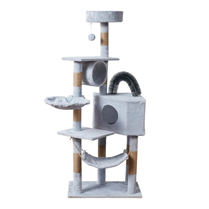 Cat tree with multiple levels, platforms, and a hammock on a white background