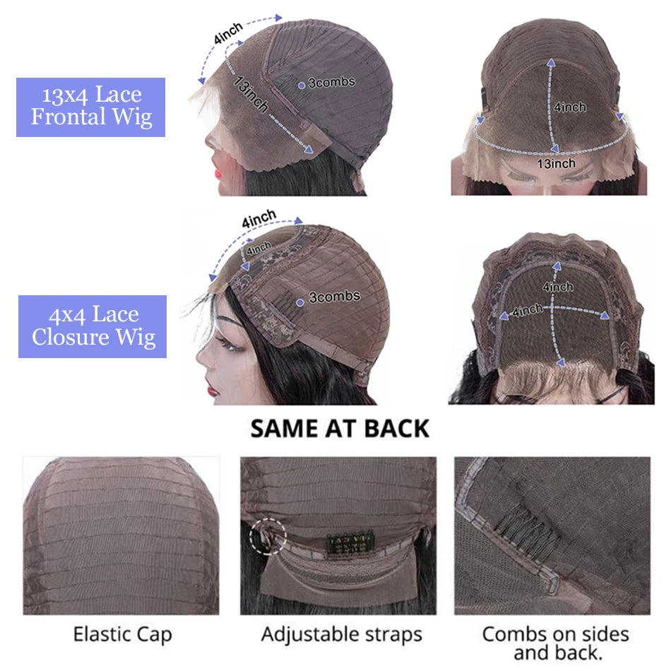Wig with measurements and features labeled on a white background