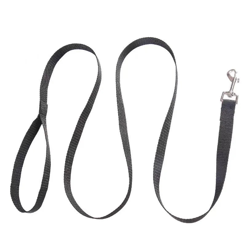 Black dog leash with a silver clip on a white background