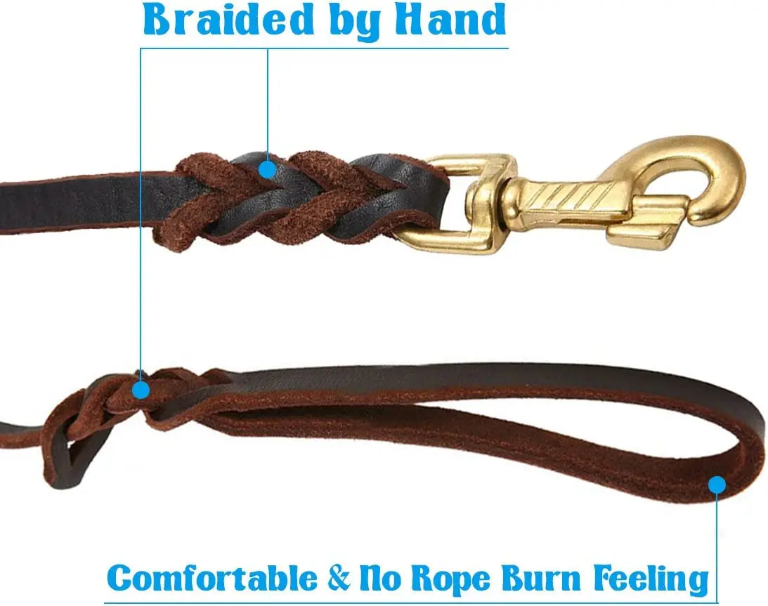 Brown leather dog leash with gold clasp on a white background, highlighting braiding by hand and comfort features.