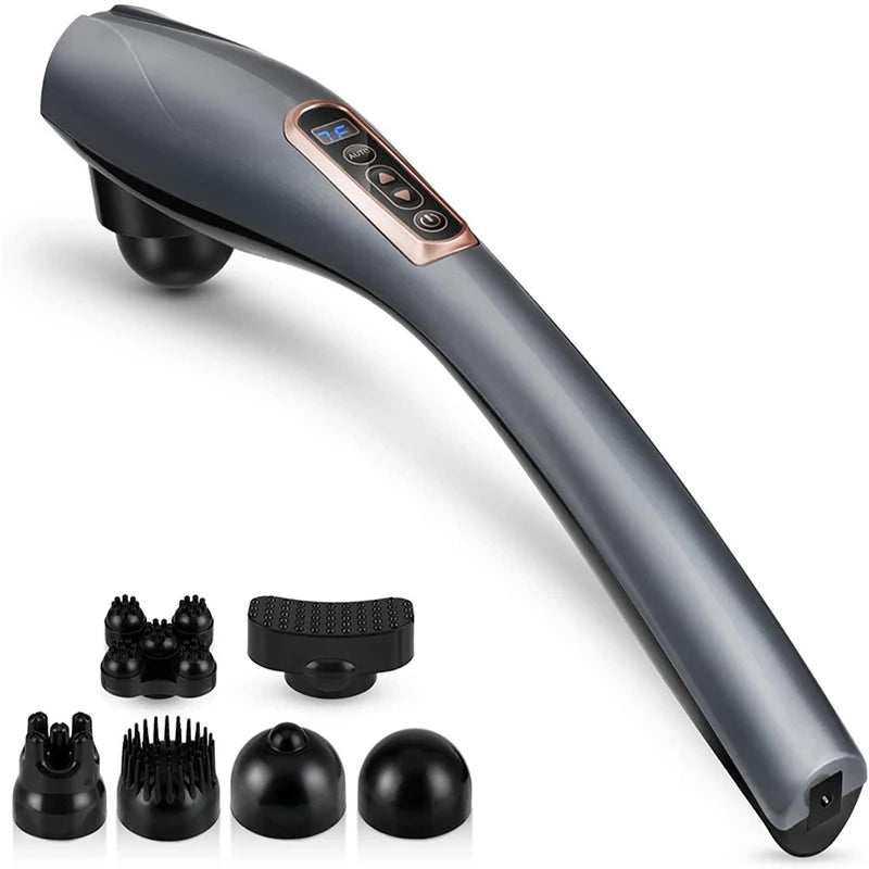 Gray handheld massager with attachments on a white background