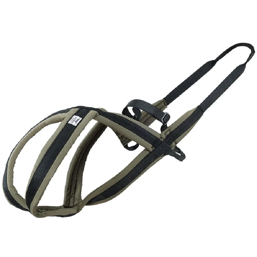 Horse bridle with black and beige straps on a white background