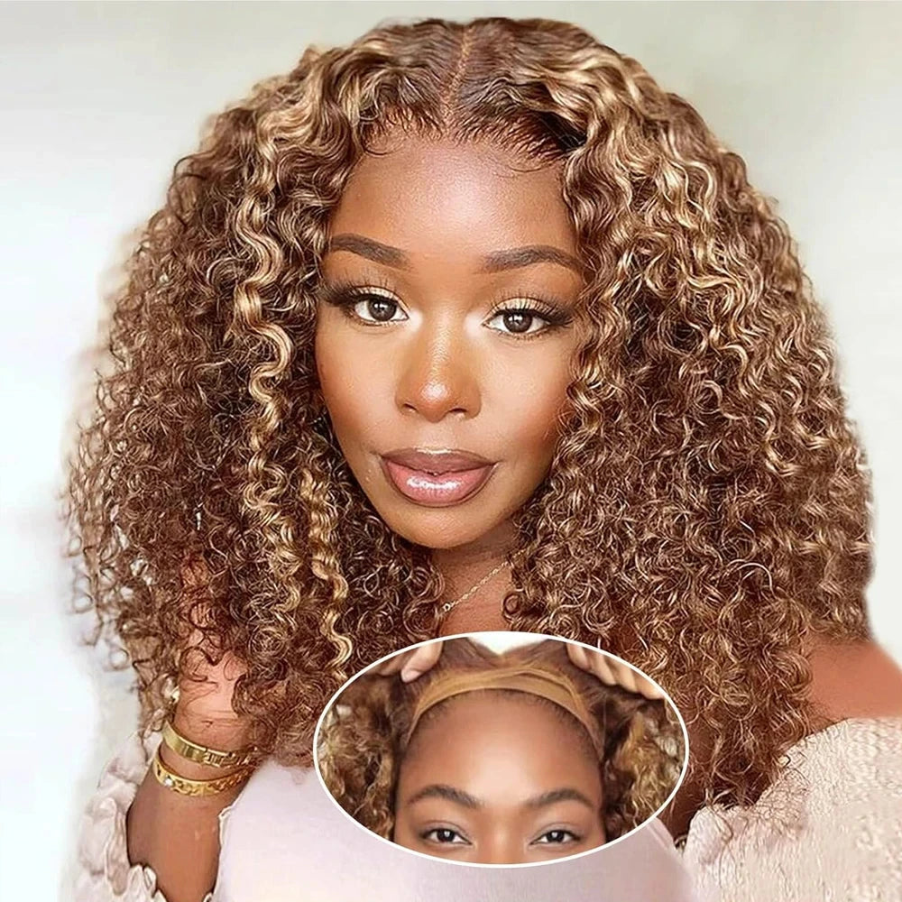 A woman wearing a full wig with tight, glossy curls in a warm brown and blonde ombré color. A circular inset at the bottom shows a close-up of the wig's lace front and hair texture.