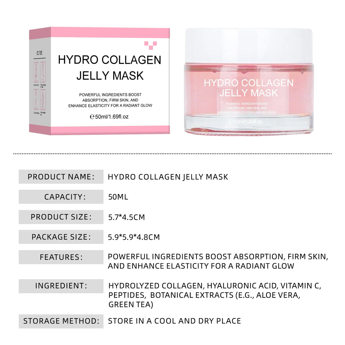 A product information graphic for Hydro Collagen Jelly Mask, showing the product box and jar on a white background with feature text below. The mask is presented in a clear jar containing pale pink gel, with a matching pink-and-white box.