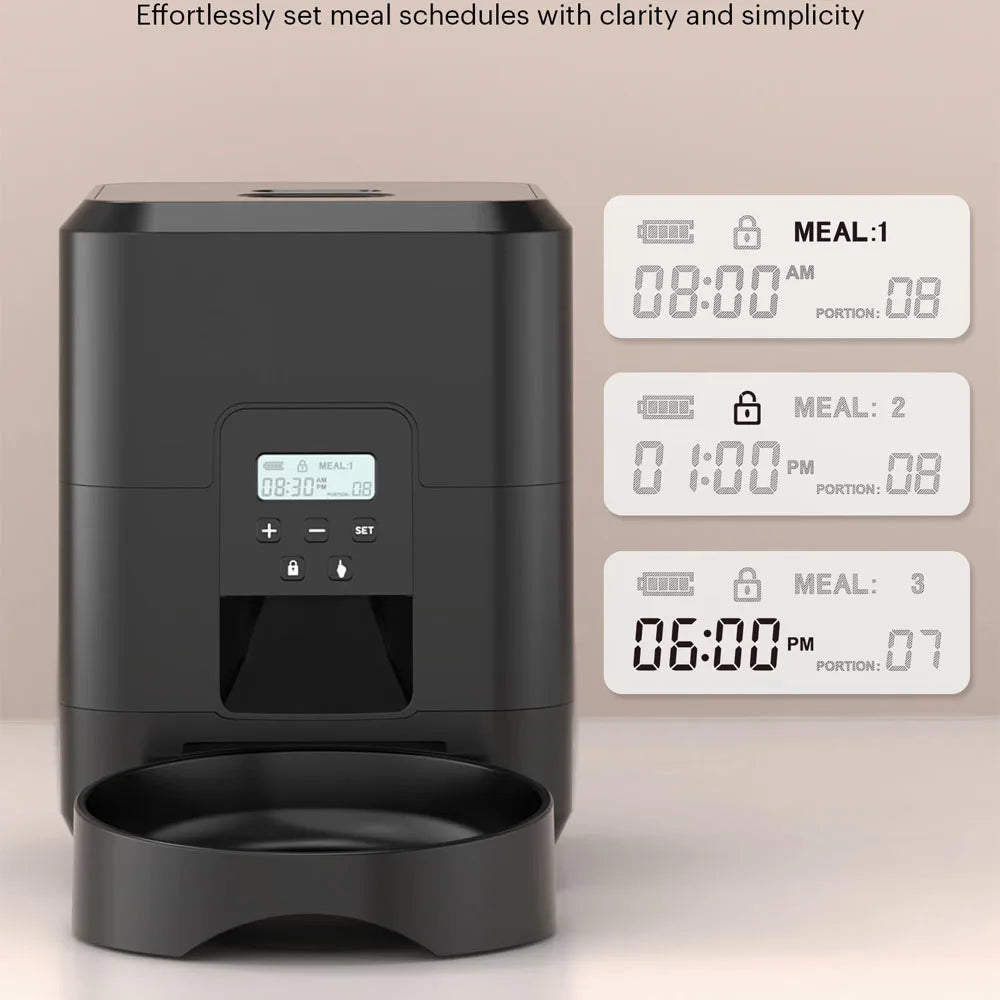 Black pet feeder with digital display and meal schedule timers on a beige background